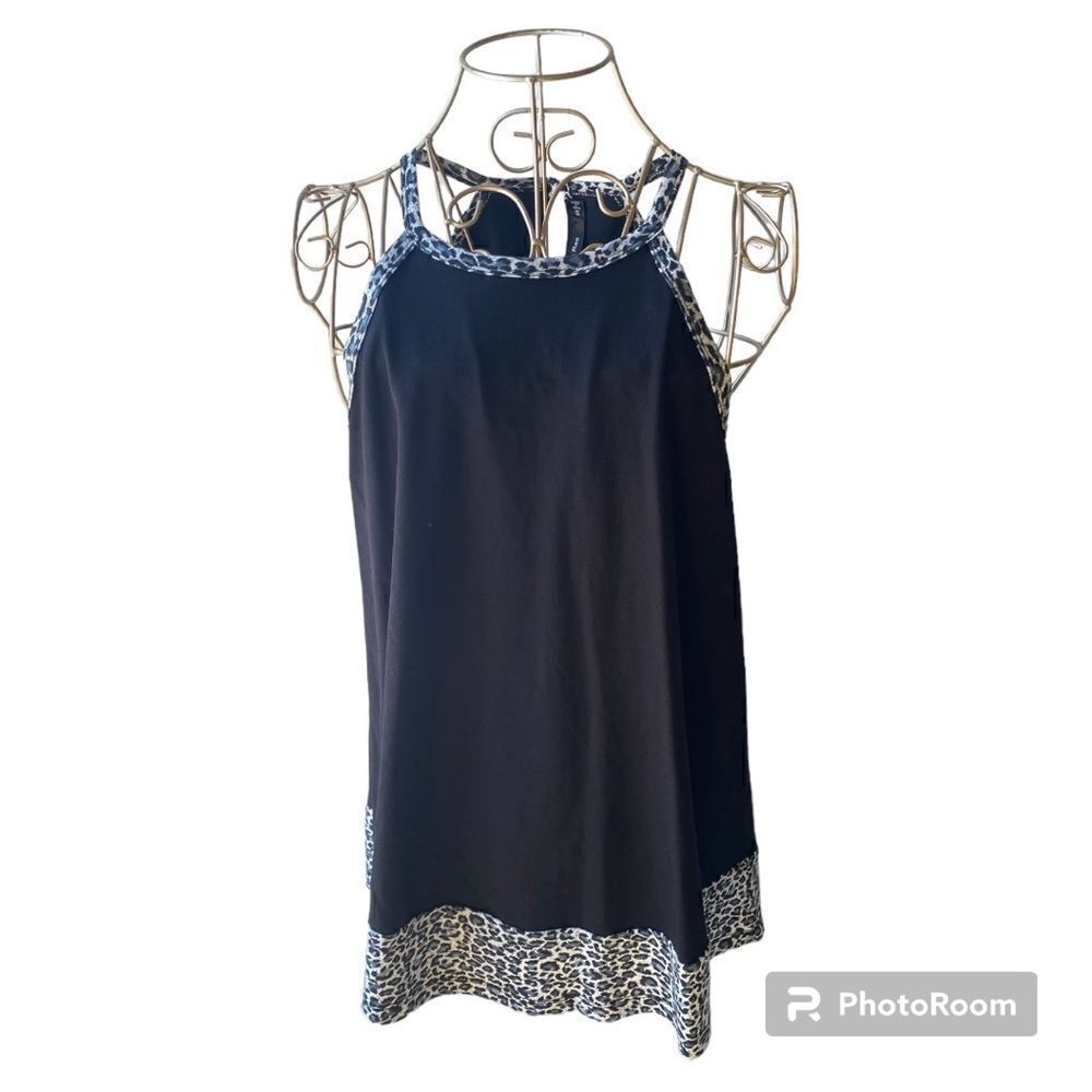 Doe & Rae Black Blue Leopard Print Trim Sleeveless Tank Top Size Small